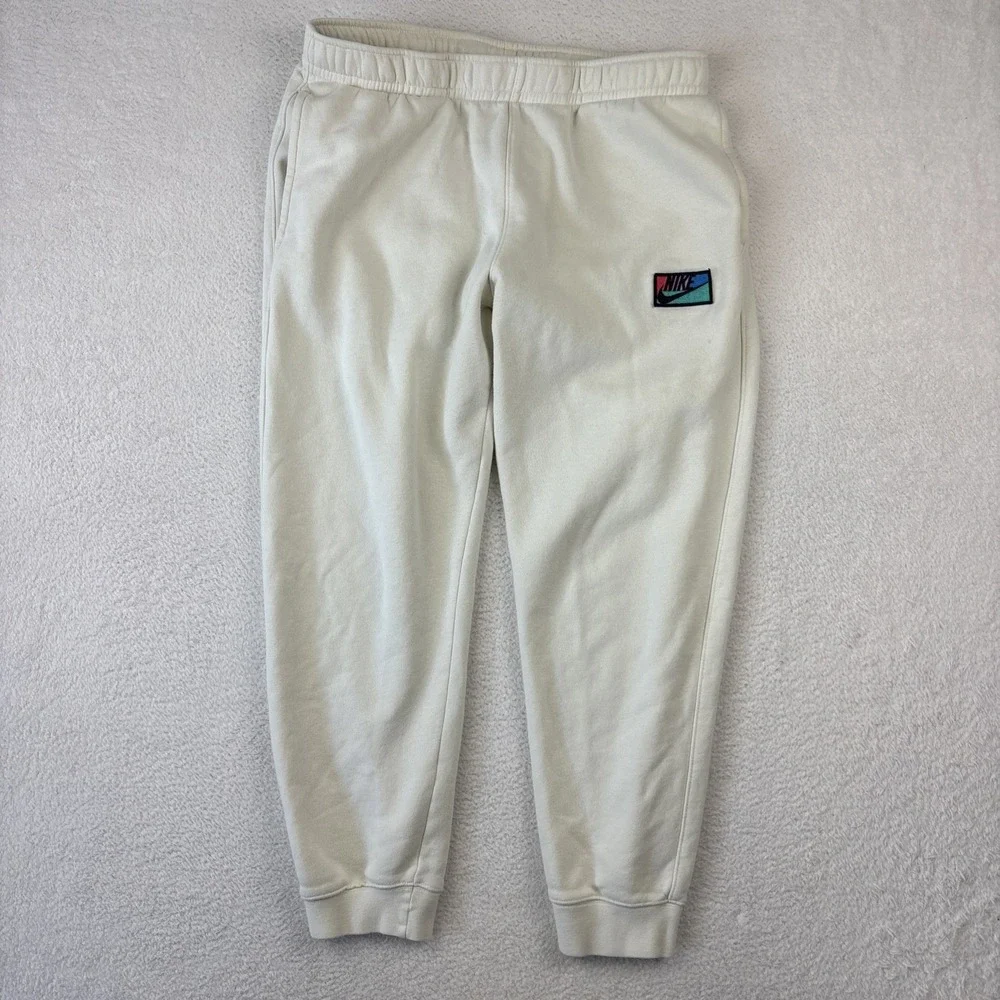 NIKE Mens 'Club Fleece' Joggers Large Cream Patch Logo Tapered Sweatpants